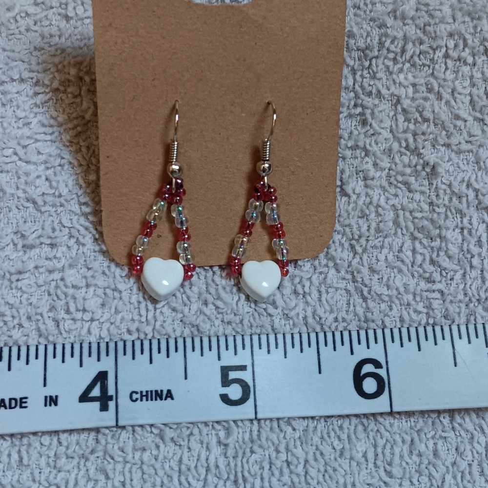 Handmade White Heart Beaded Drop Earrings